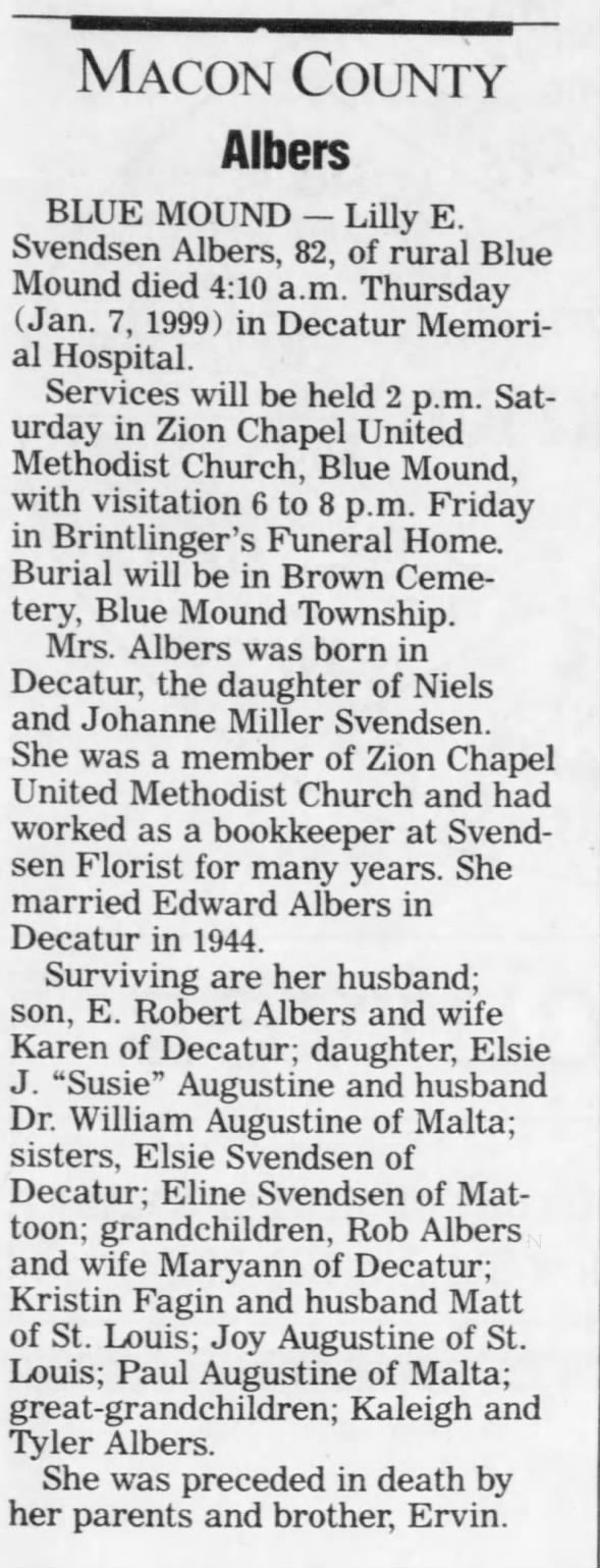 Lilly E Svendsen Albers Obit 1999
